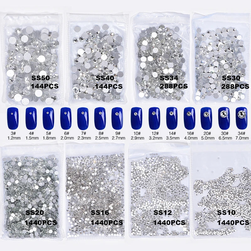 Super Quality Glitter Gems SS3-SS50 Flatback Stones Clear Crystal Non Hotfix Rhinestones Nail Art Decoration Rhinestones Y0100