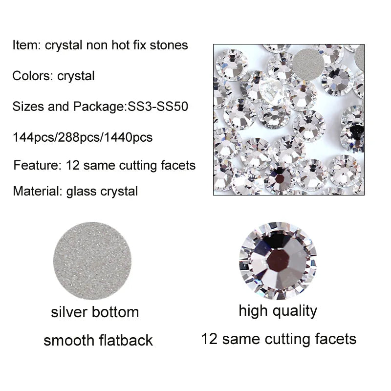 Super Quality Glitter Gems SS3-SS50 Flatback Stones Clear Crystal Non Hotfix Rhinestones Nail Art Decoration Rhinestones Y0100