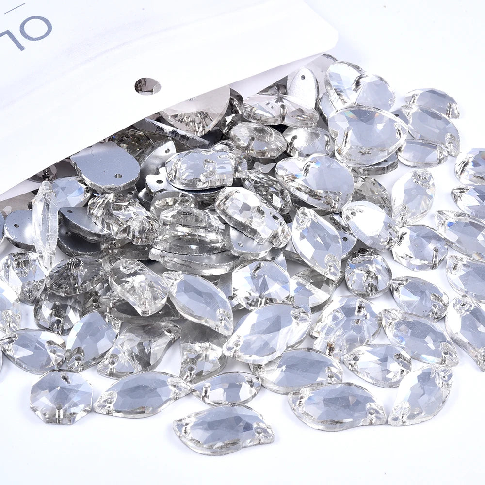 Oleeya 20/50/100Pcs Mix Sizes Glass Sew On Rhinestones Sewing Crystal AB Flat Back Stones For Clothes Accessories Wedding Dress