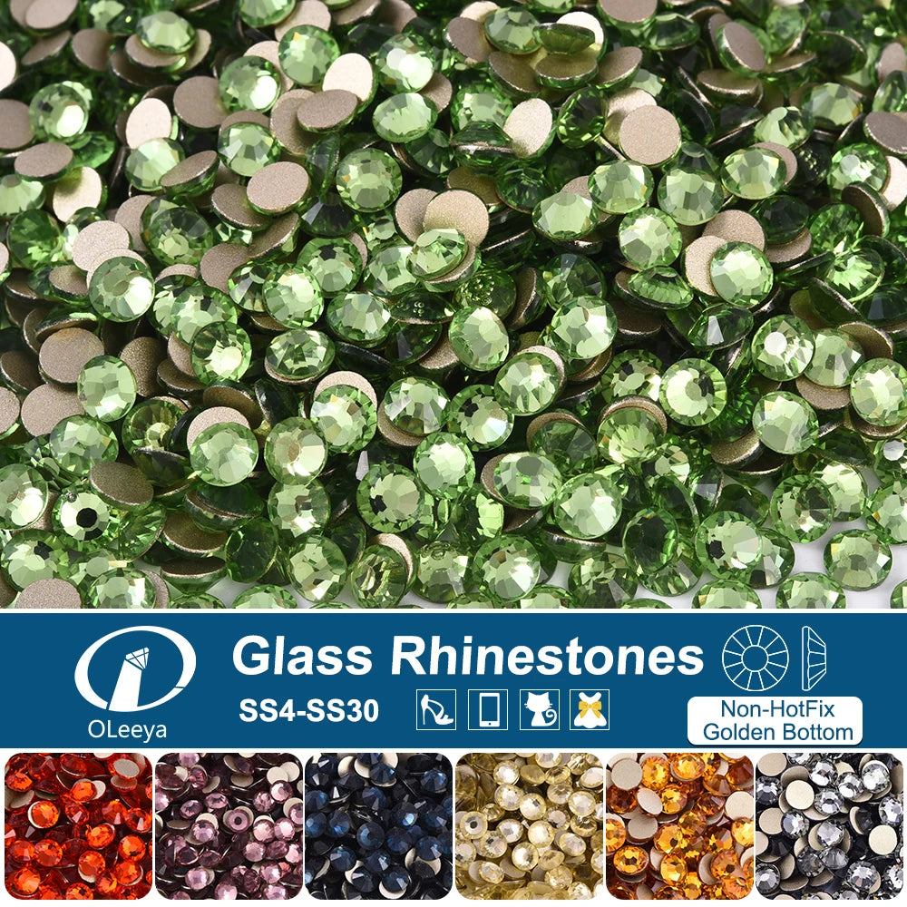 Oleeya P01-P30 Cold Fix Glass Crystal Rhinestones Gold Flatback Strass Stones Nail Art Accessories DIY Decoration