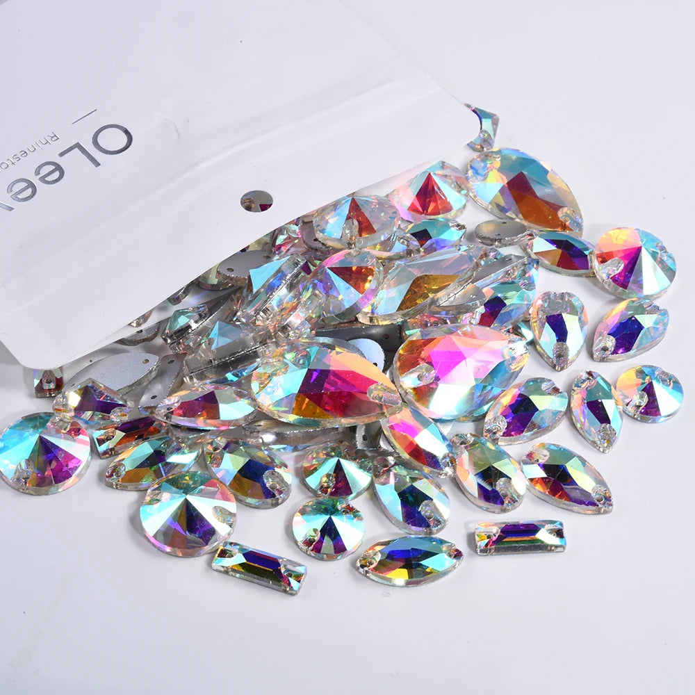 Oleeya 20/50/100Pcs Mix Sizes Glass Sew On Rhinestones Sewing Crystal AB Flat Back Stones For Clothes Accessories Wedding Dress