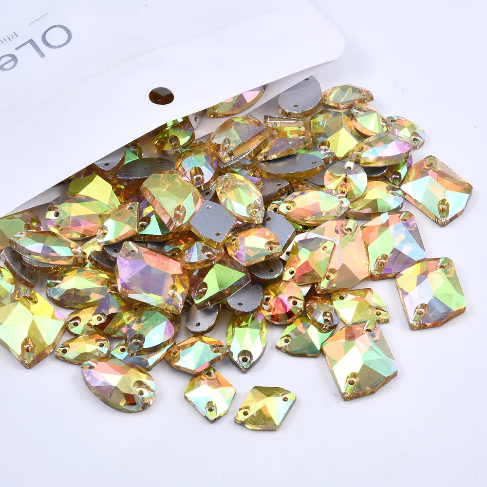 Oleeya 20/50/100Pcs Mix Sizes Glass Sew On Rhinestones Sewing Crystal AB Flat Back Stones For Clothes Accessories Wedding Dress