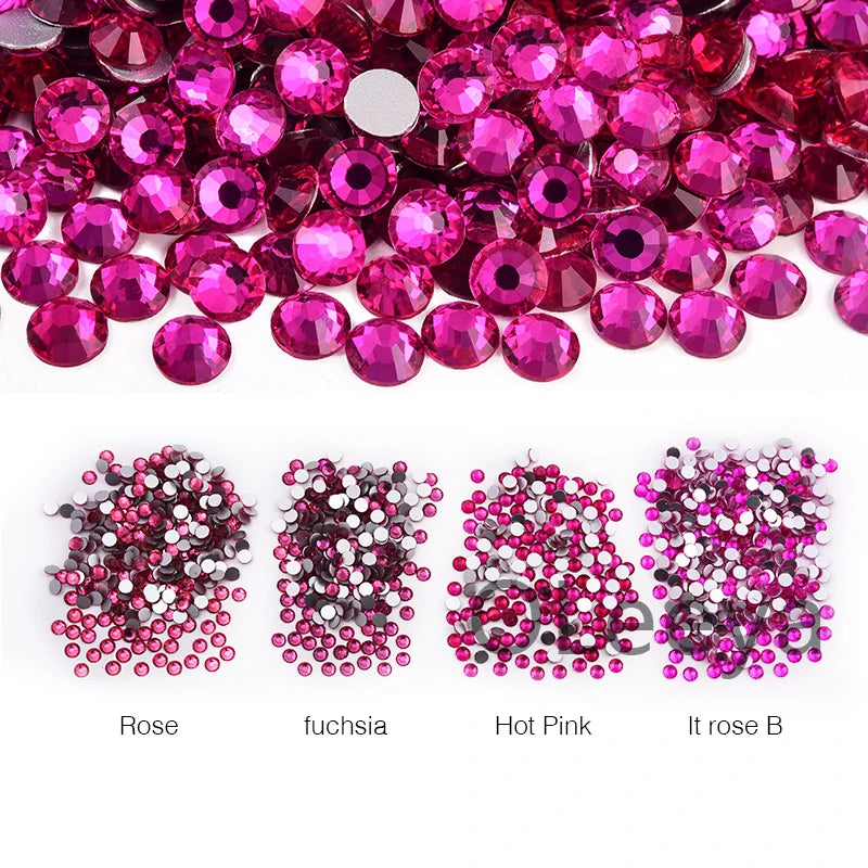 SS3-SS30 Hot Pink Rose Non Hot Fix Rhinestone Flatback Crystals Beads 3D Nail Art Rhinestones Glass Crystal Nails Non HotFix