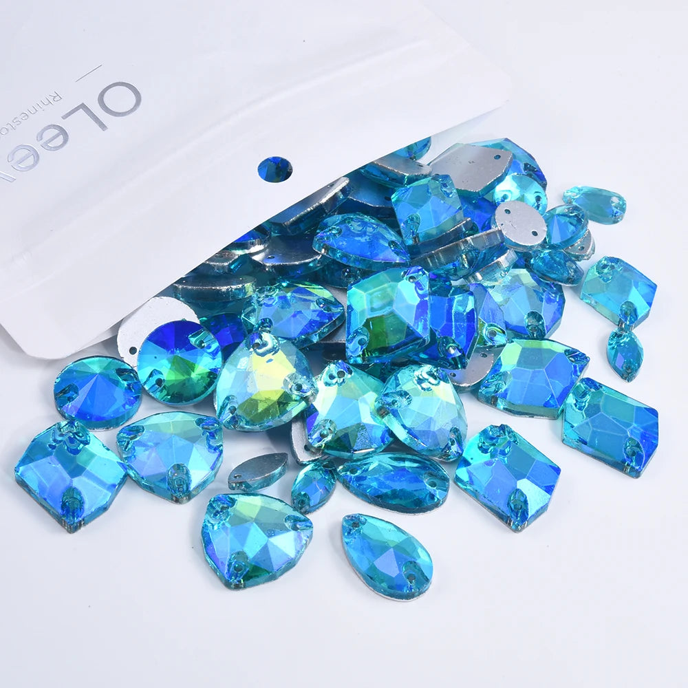 Oleeya 20/50/100Pcs Mix Sizes Glass Sew On Rhinestones Sewing Crystal AB Flat Back Stones For Clothes Accessories Wedding Dress