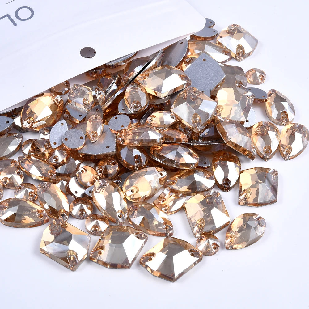 Oleeya 20/50/100Pcs Mix Sizes Glass Sew On Rhinestones Sewing Crystal AB Flat Back Stones For Clothes Accessories Wedding Dress