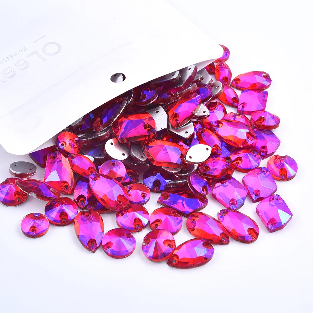 Oleeya 20/50/100Pcs Mix Sizes Glass Sew On Rhinestones Sewing Crystal AB Flat Back Stones For Clothes Accessories Wedding Dress