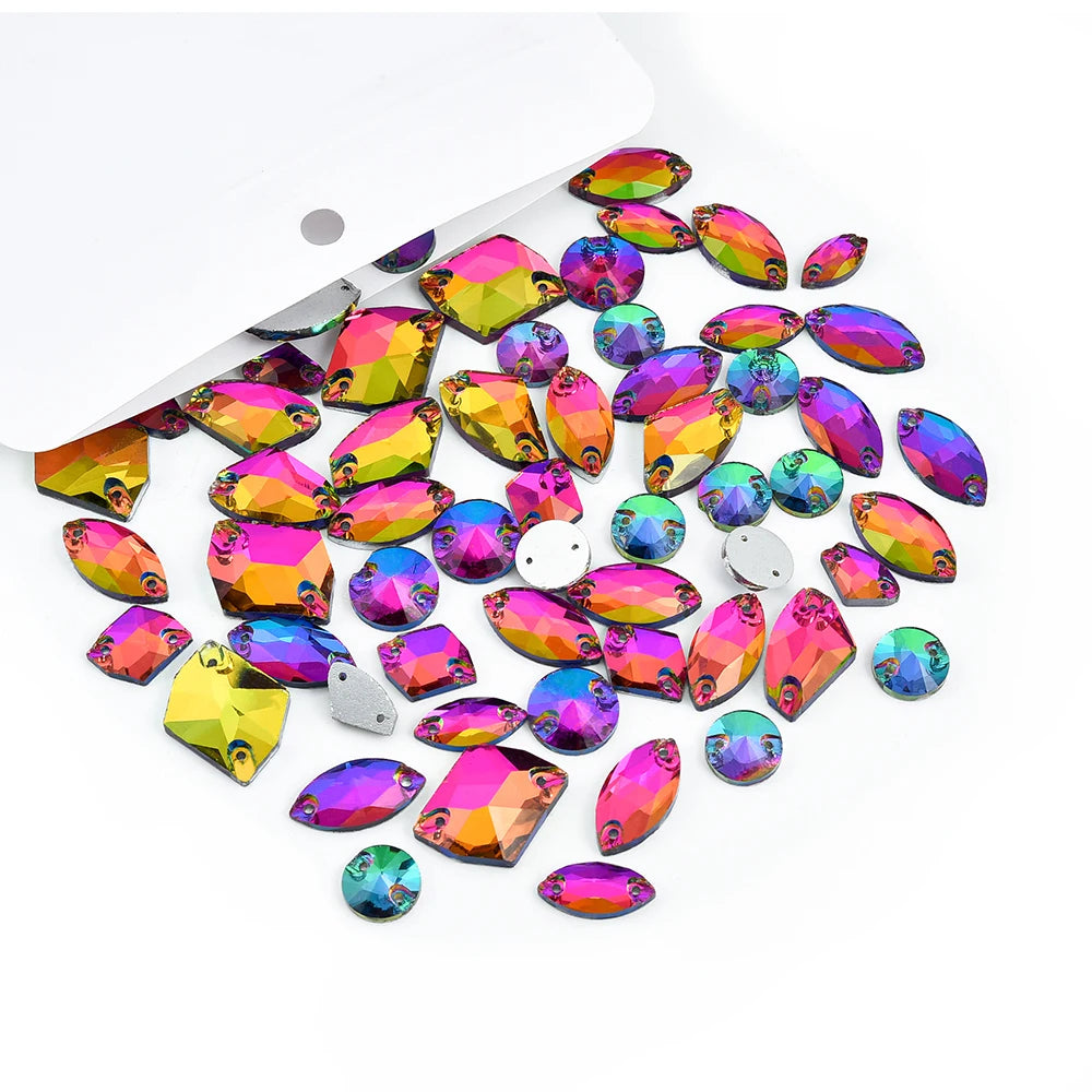 Oleeya 20/50/100Pcs Mix Sizes Glass Sew On Rhinestones Sewing Crystal AB Flat Back Stones For Clothes Accessories Wedding Dress