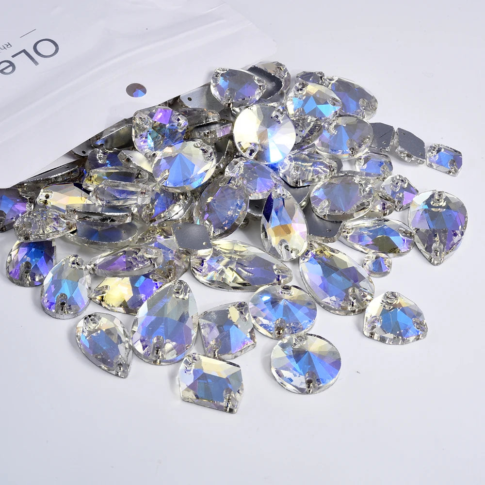 Oleeya 20/50/100Pcs Mix Sizes Glass Sew On Rhinestones Sewing Crystal AB Flat Back Stones For Clothes Accessories Wedding Dress