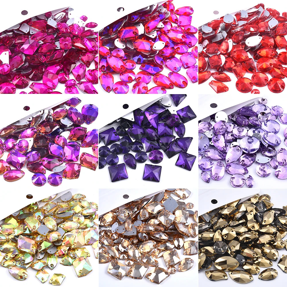 Oleeya 20/50/100Pcs Mix Sizes Glass Sew On Rhinestones Sewing Crystal AB Flat Back Stones For Clothes Accessories Wedding Dress